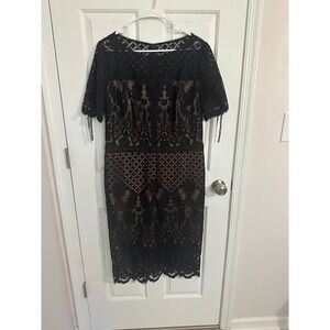 Tadashi Shoji Black Lace Dress Nude Lined Short Sleeve Cocktail Party Size 16